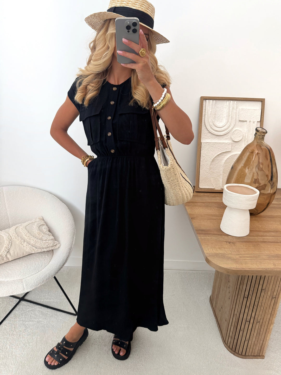 Robe midi en lin mélangé PALAMAS - noir