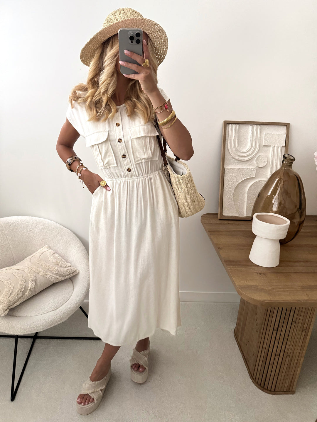 Robe midi en lin mélangé PALAMAS - beige