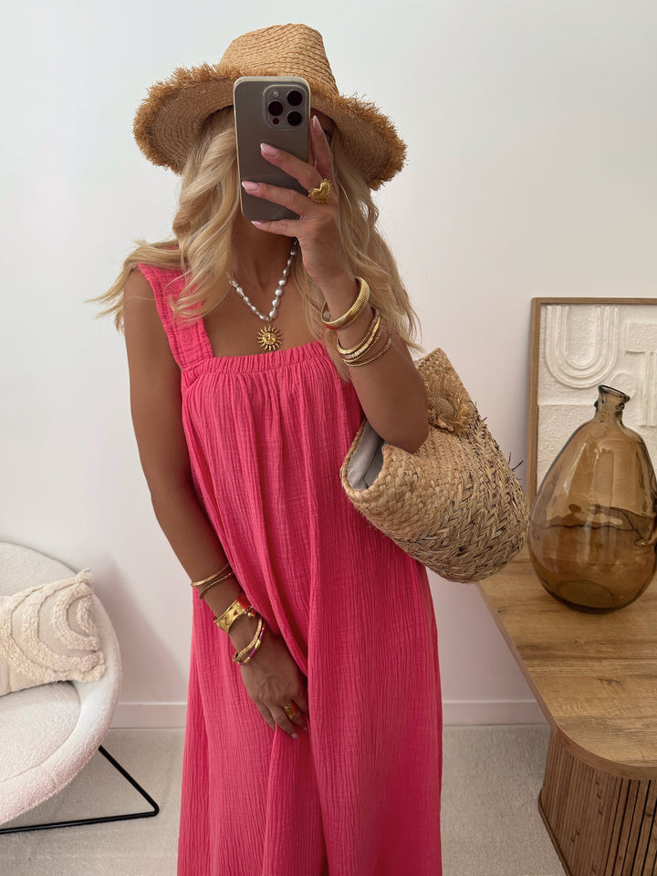 Robe longue à bretelles en gaze de coton OSMANIA - fuchsia
