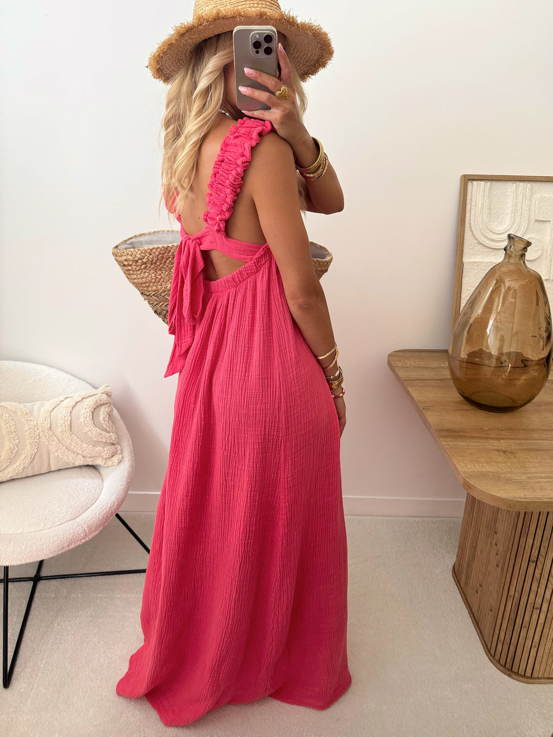 Robe longue à bretelles en gaze de coton OSMANIA - fuchsia