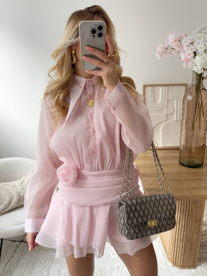 Robe courte volantée rose poudré NADRIA