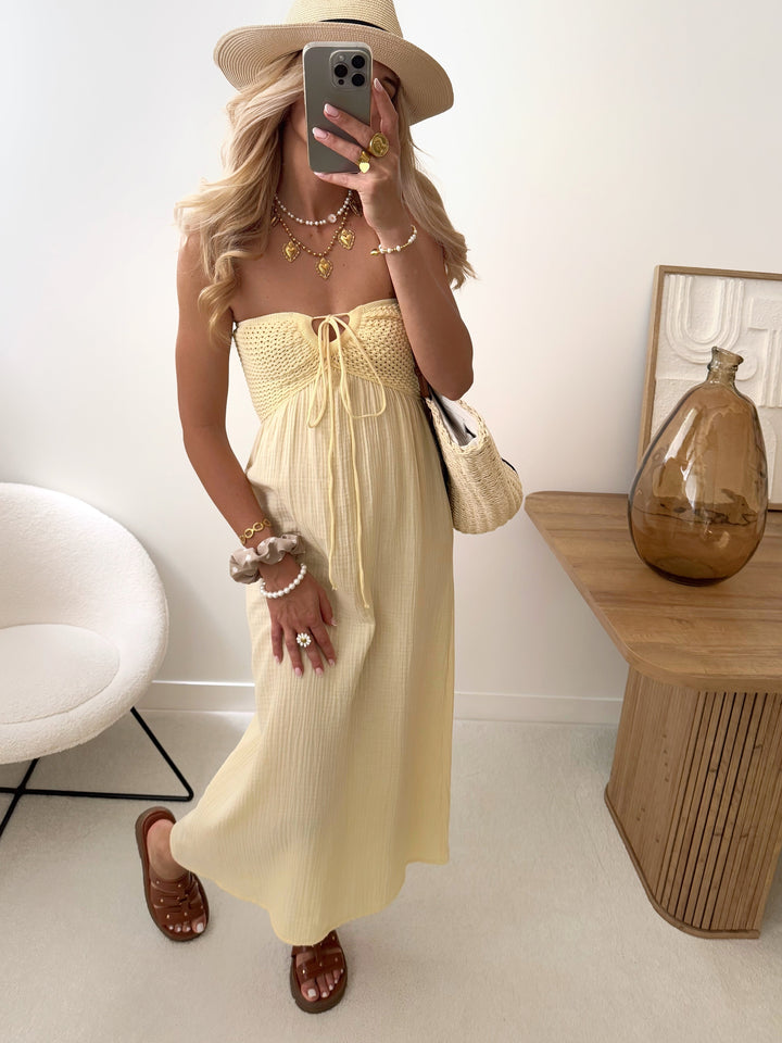 Robe bustier en crochet et gaze de coton SINY - jaune pâle