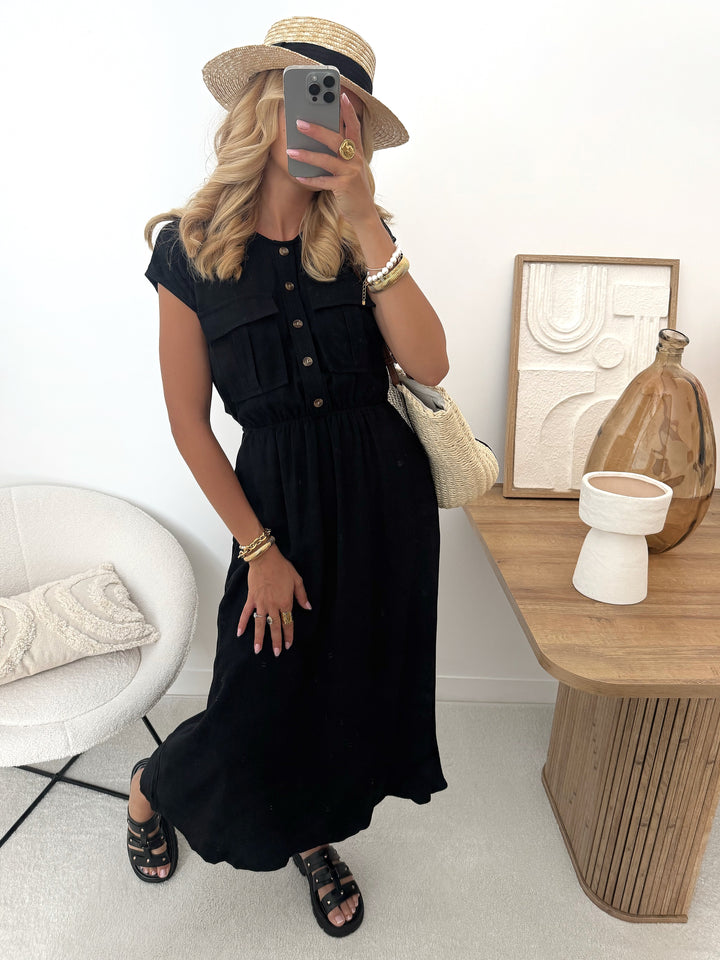 Robe midi en lin mélangé PALAMAS - noir