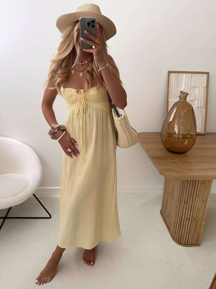Robe bustier en crochet et gaze de coton SINY - jaune pâle