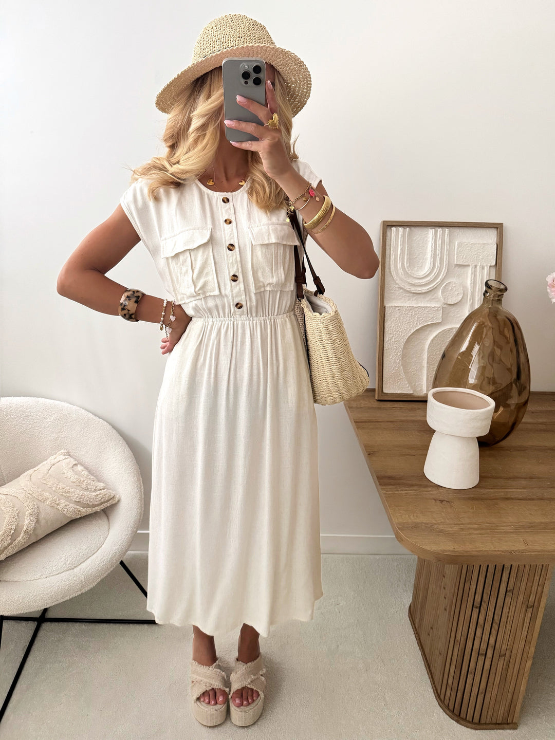 Robe midi en lin mélangé PALAMAS - beige