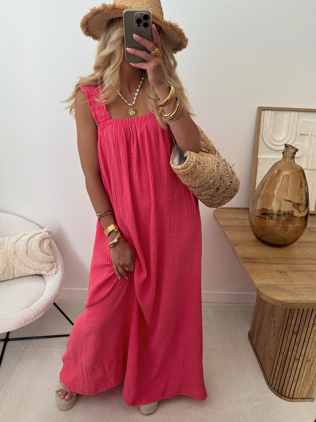 Robe longue à bretelles en gaze de coton OSMANIA - fuchsia