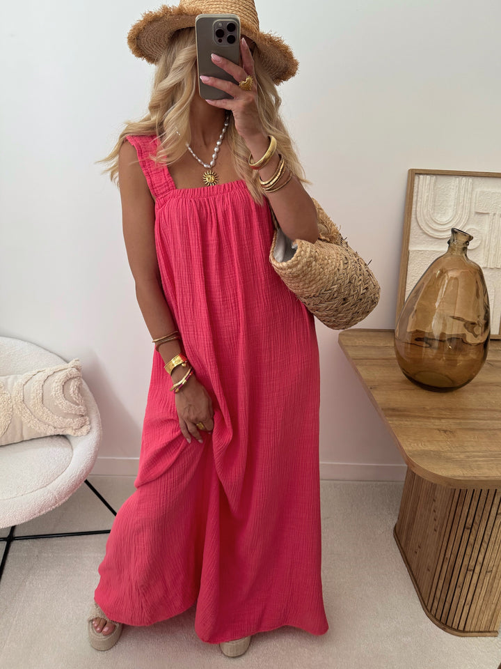 Robe longue à bretelles en gaze de coton OSMANIA - fuchsia